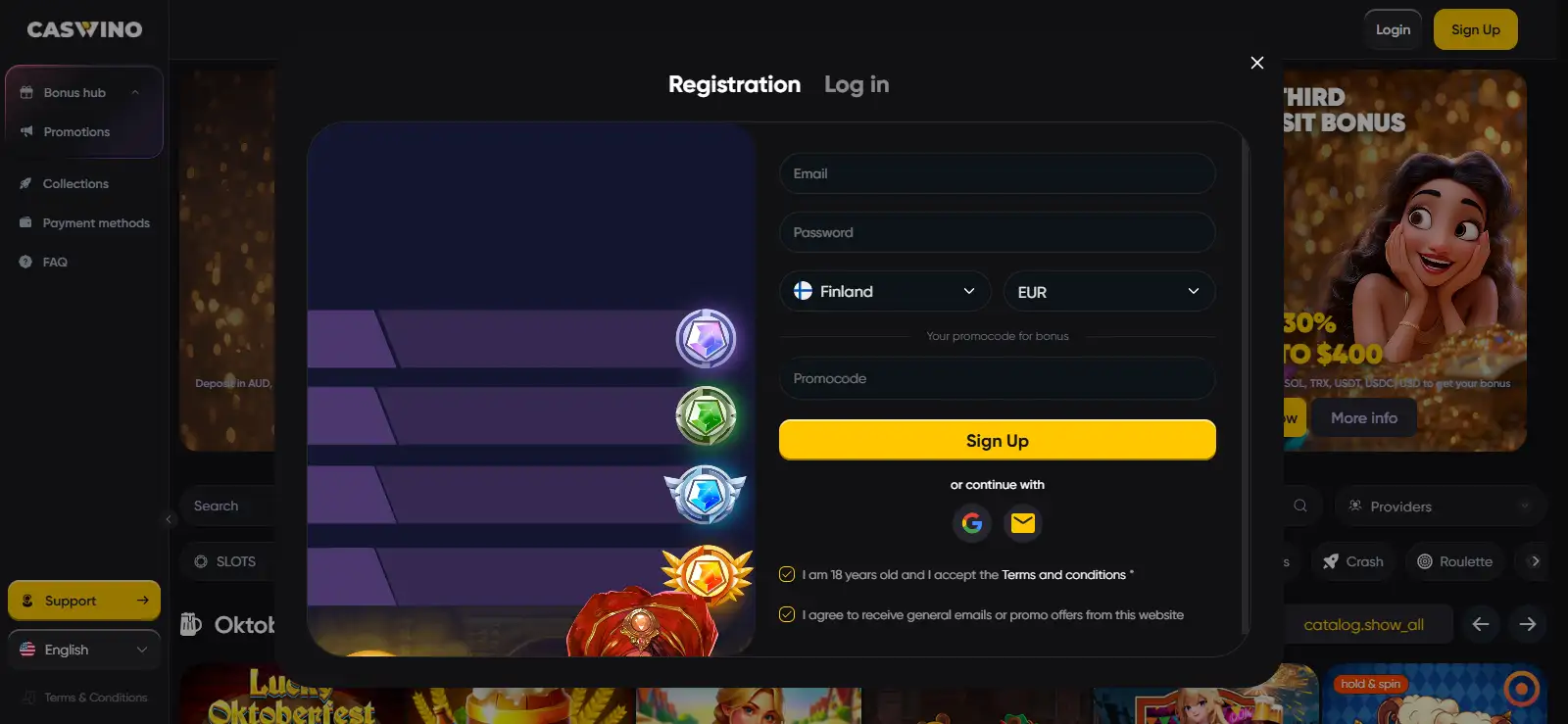 Caswino registration and account-entry screen