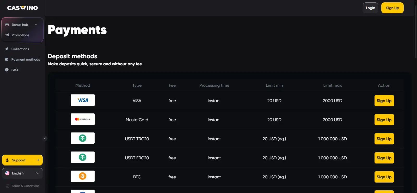 Caswino public deposit table showing card and digital-asset methods