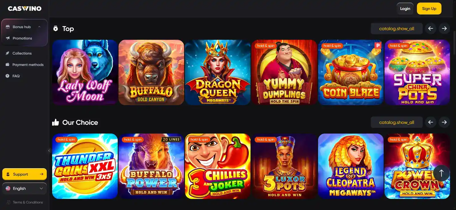 Caswino game lobby showing slots and table-game categories