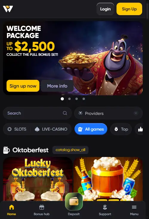 Caswino support page displayed in a mobile browser